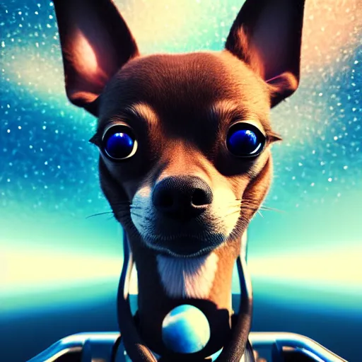 Image similar to Chihuahua cyborg, mechanical, celestial background, octane, 4k, hyper realism, sharp focus