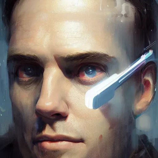 Image similar to Portrait of a man by Greg Rutkowski, symmetrical face, a young man using a VR headset, Kubrick stare, crooked smile, highly detailed portrait, scifi, digital painting, artstation, book cover, cyberpunk, concept art, smooth, sharp foccus ilustration, Artstation HQ