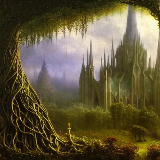 Image similar to a beautiful and highly detailed matte painting of an elven cathedral in a mystical celtic forest, alien trees and plants and flowers, twisted spires, wide angle, by caspar friedrich, albert bierstadt, james gurney, brian froud,