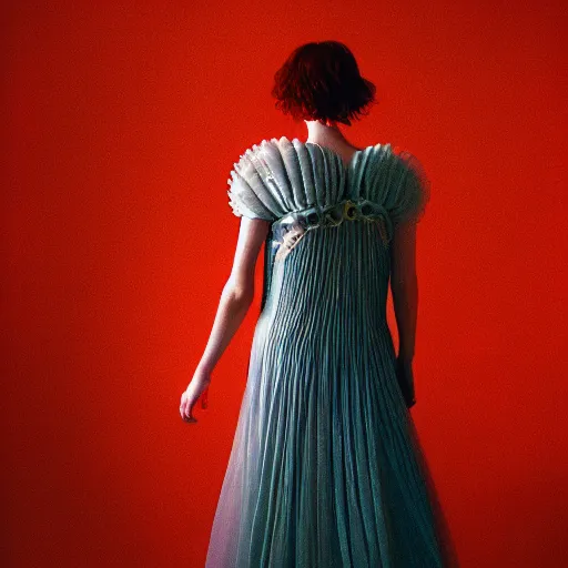 Prompt: Fashion photography of a woman wearing a dress inspired by a jellyfish, from behind, artistic photography, insanely detailed, chiaroscuro, cinestill 800t, Vogue magazine