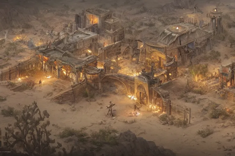 Image similar to an intricate matte painting of top down wild west city in desert rpg battle map,very clear image, no blur, by Christophe Vacher and Bastien Lecouffe-Deharme, trending on artstation