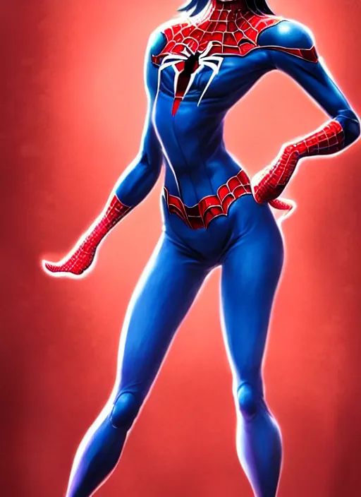 Image similar to full-body portrait Anime spiderman cosplay girl cute-fine-face, pretty face, realistic shaded Perfect face, fine details. Anime. realistic shaded lighting by katsuhiro otomo ghost-in-the-shell, magali villeneuve, artgerm, rutkowski Jeremy Lipkin and Giuseppe Dangelico Pino and Michael Garmash and Rob Rey