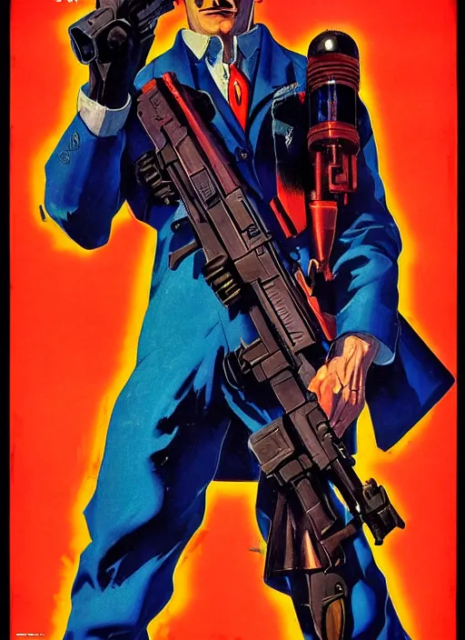 Prompt: american propaganda poster. cyberpunk hitman. portrait by jean giraud and anton otto fischer and john philip falter and will eisner and gil elvgren. realistic proportions. character art. science fiction d & d. tf 2, overwatch.