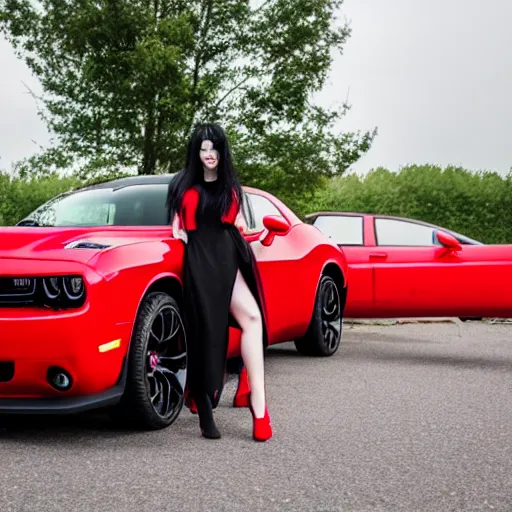 Prompt: woman with long black hair wearing red clothes standing next to a red 2021 dodge challenger r/t, 8k, detailed face,