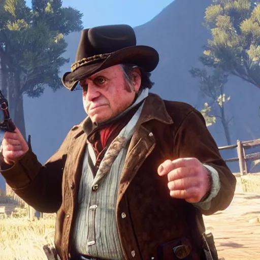 Prompt: An in-game screenshot of Danny Devito in Red Dead Redemption 2 (2018)