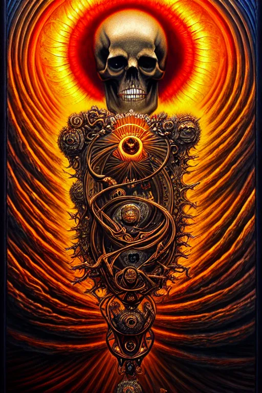 Prompt: A beautiful detailed death sun godness, tarot card, by tomasz alen kopera and Justin Gerard, symmetrical features, ominous, magical realism, texture, intricate, ornate, royally decorated, skull, skeleton, whirling smoke, embers, red adornements, red torn fabric, radiant colors, fantasy, trending on artstation, volumetric lighting, micro details, 3d sculpture, ray tracing, 8k, anaglyph effect