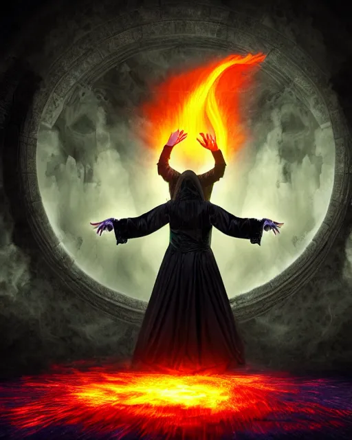 Matte Painting Of Floating Mage Summoning A Demon In 