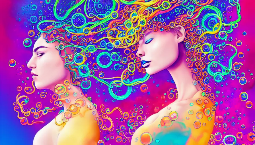 Image similar to a digital painting of a woman with colorful hair made of curly liquid and bubbles, intricate mechanical details, futuristic, a pop art painting by tomokazu matsuyama, behance contest winner, psychedelic art, psychedelic, 2 d, digital illustration, trending on artstation, anime stylized, accurate fictional proportions, high delicate defined details, ethereal lighting
