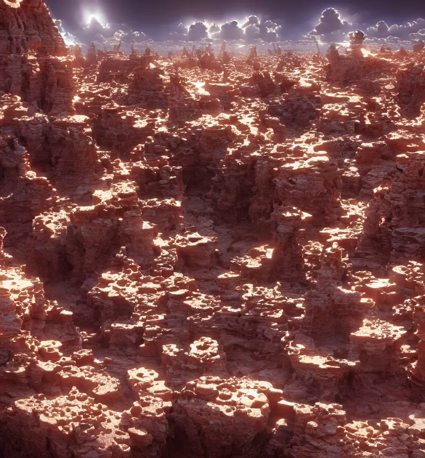 Prompt: environment of multiple detailed complex fractal architecture structures in a vast utah desert landscape that meets the ocean, by glenn small, by albert bierstadt photorealism, hyper realism, octane render, unreal engine, volumetric light, depth of field, volumetric clouds, god rays, lens flares, detailed, intricate, twin motion, megascan, high resolution, realistic render