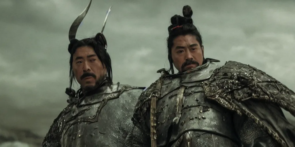 Prompt: a film still of guillermo francella starring as an ancient samurai in a japanese blockbuster film, shallow depth of field, cinematic, award winning cgi, vfx, film still