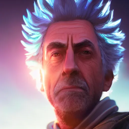 Image similar to portrait art of rick sanchez 8 k ultra realistic, lens flare, atmosphere, glow, detailed, intricate, full of colour, cinematic lighting, trending on artstation, 4 k, hyperrealistic, focused, extreme details, unreal engine 5, cinematic, masterpiece