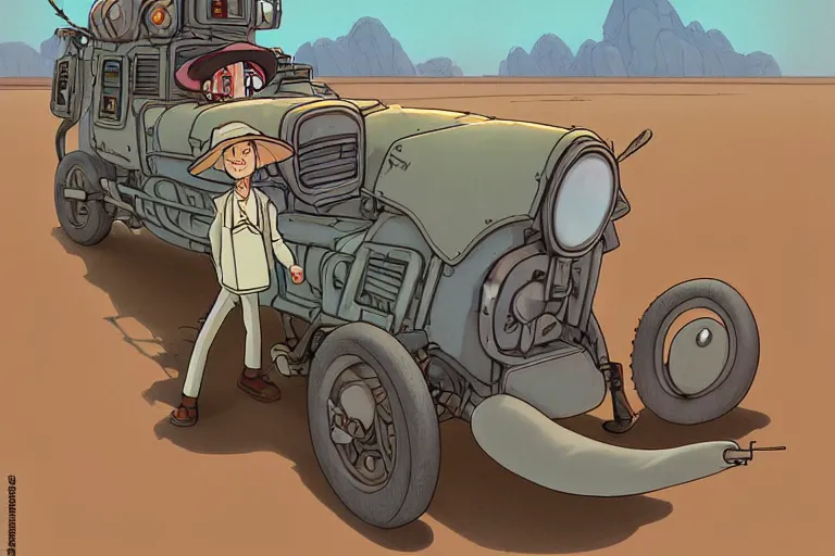 Image similar to a study of a cell shaded cartoon of a grey mechanized snake from howl's moving castle ( 2 0 0 4 ), on a desert road, full body, wide shot, very muted colors, post grunge, studio ghibli, laurie greasley, highly detailed, deviantart, art by artgem