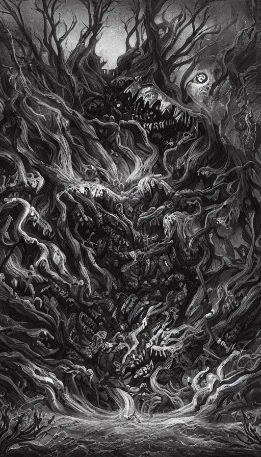 Image similar to a storm vortex made of many demonic eyes and teeth over a forest, by qian xuan