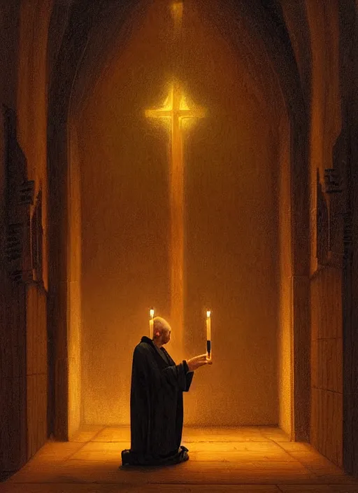 Image similar to oil painting portrait of a weeping sobbing tonsured dominican monk in a brown habit, kneeling in a moonlit empty chapel at night, hazy, digital art, artstation, cinematic, moonlight, digital art painting by greg rutkowski, hazy atmosphere, candles, cinematic blue lighting