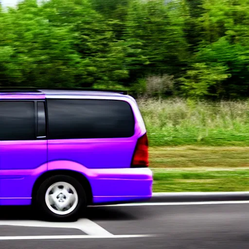 Image similar to white minivan driving away from a purple tornado