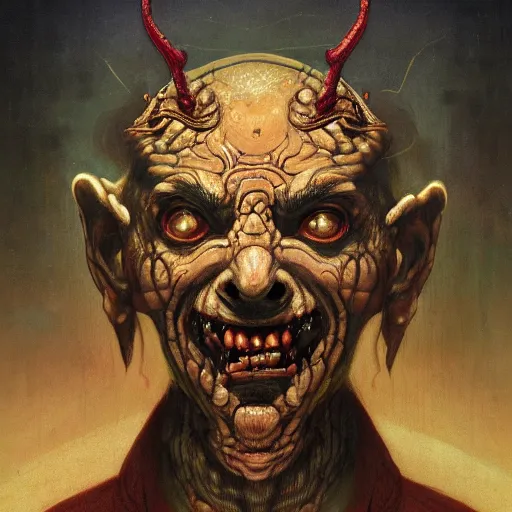 Image similar to A sensual Satanic Mr. Bean, fullbody, psychedelic, intricate, horror, highly detailed, artstation, concept art, smooth, sharp focus, illustration, art by greg rutkowski and orientalism and bouguereau and Zdzislaw Beksinski, good clear quality, lighting, horror, evil, biology, symmetrical artwork, perfect face, 135 mm, cinematic, hyper realism, high detail, octane render, 8k, chrome accents