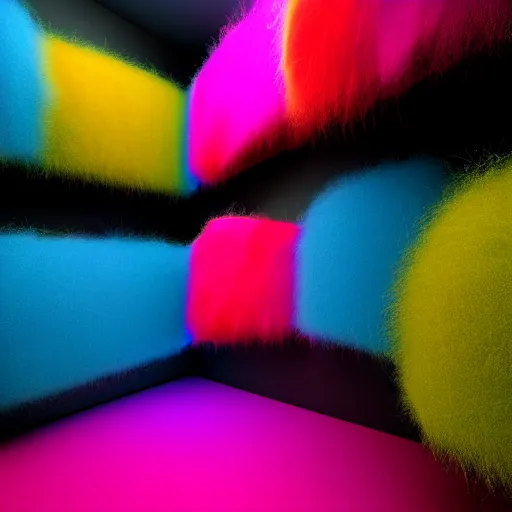 Image similar to : colorful abstract fuzzy sculpture on the wall in modern architecture studio, cinematic lighting, hyper - realistic, detailed, render by c 4 d octane, unreal engine, 8 k 3 d render