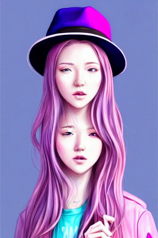 Prompt: gorgeous!!! hyper - realistic teenager girl with pink hair, light pink fedora hat and light pink jacket, with purple gloves, blue jeans and white shoes | drawn by wlop, drawn by jeehyung lee, drawn by artgerm | intricate, highly detailed, digital painting, character design, concept art, illustration, artstation