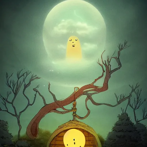 Prompt: ghost creature sitting on the tree in the night made by studio ghibli, detailed, high quality, 8 k, smooth