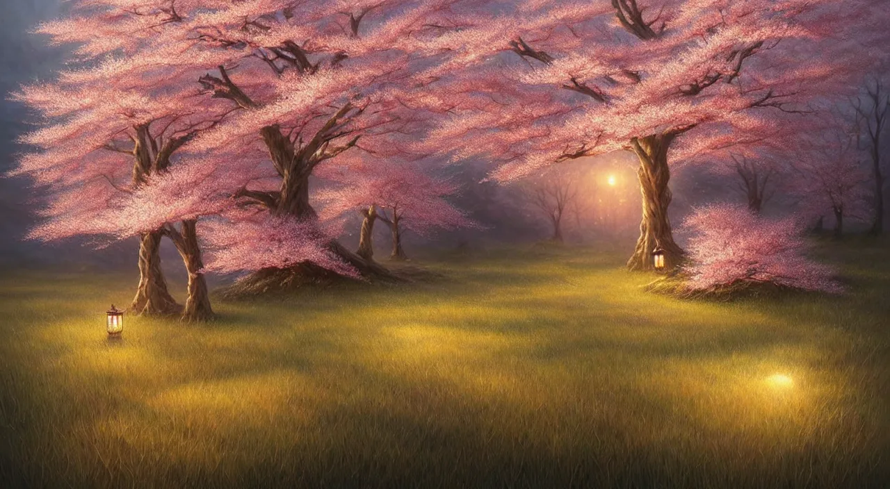 Prompt: A field of cherry blossoms on an oceanfront, fine art, awesome fantasy book cover on Pinterest, award winning, fantasy forest landscape, fantasy magic, dark golden light night, intricate, elegant, sharp focus, illustration, highly detailed, digital painting, concept art, matte, art by WLOP and Artgerm and Greg Rutkowski, masterpiece, trending on artstation