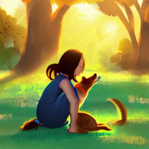 Prompt: stylized digital art of a girl playing with a dog, in a park, golden hour, aesthetic, detailed