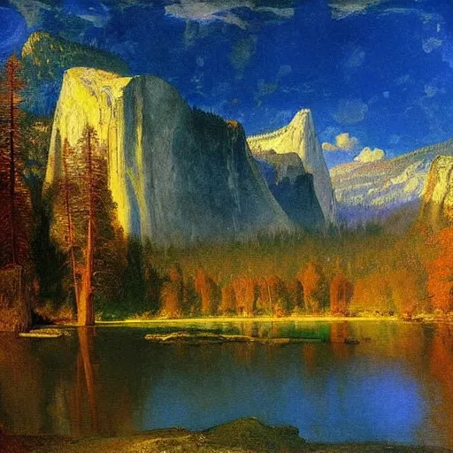 Prompt: beautiful stunning landscape of yosemite national park, painted by albert bierstadt, thomas moran, hilma af klint, wassily kandinsky