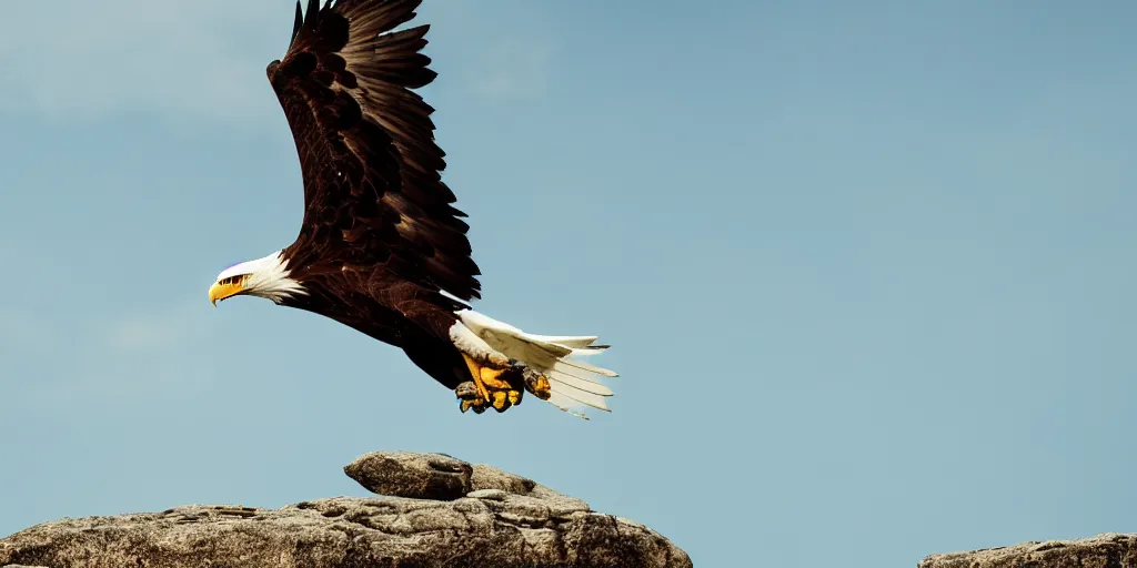 Prompt: a majestic eagle made of stone, spreading it's wings wide and calling to the sky, hazy sky, mountain background, tree line, stylish, beautiful, epic
