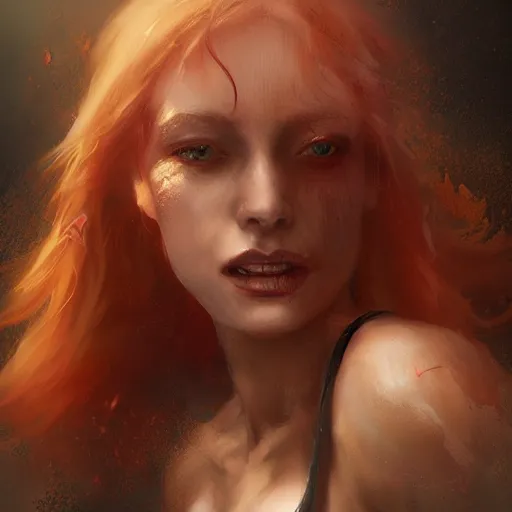 Image similar to portrait of woman with strawberry blond hair by bastien lecouffe - deharme and charles bowater, bangs, ponytail, greg rutkowski, black tank top, inspired by diablo concept art