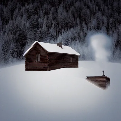 Image similar to a cabin on a hill, snowatorm, winter, smoke rising from the pipe, by alex andreev, landscape, high contrast, digital