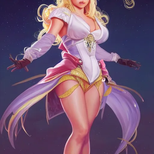 Image similar to Britney Spears as Sailor Moon, western, D&D, fantasy, intricate, elegant, highly detailed, digital painting, artstation, concept art, matte, sharp focus, illustration, art by Artgerm and Greg Rutkowski and Alphonse Mucha