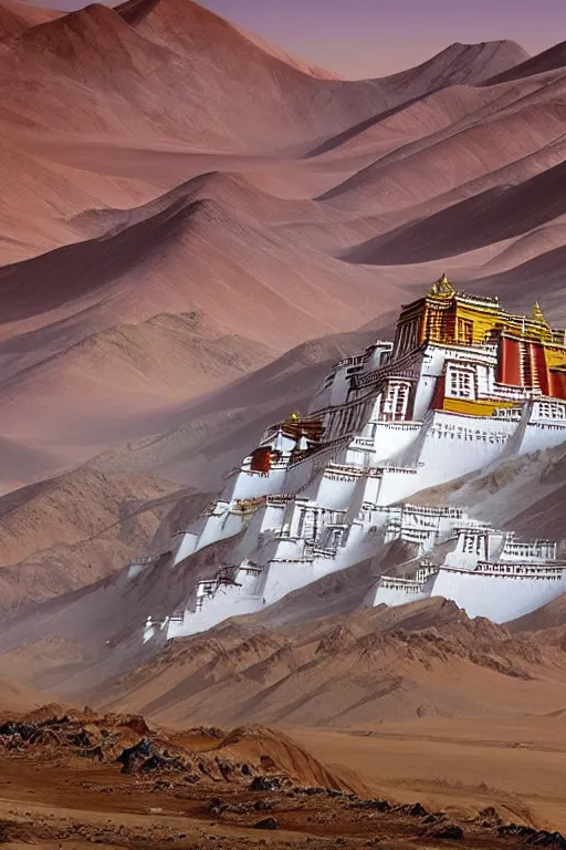 Prompt: lhasa!!! tibetan buddhist monastery on mars, stunning landscape, by stephan martiniere