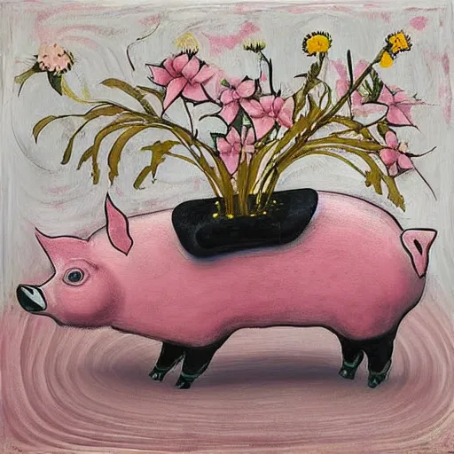 Image similar to “pig paintings and pig sculptures in a pig art gallery, pork, ikebana white flowers, white wax, pink wax, squashed berries, acrylic and spray paint and oilstick on canvas, by munch and Dali”