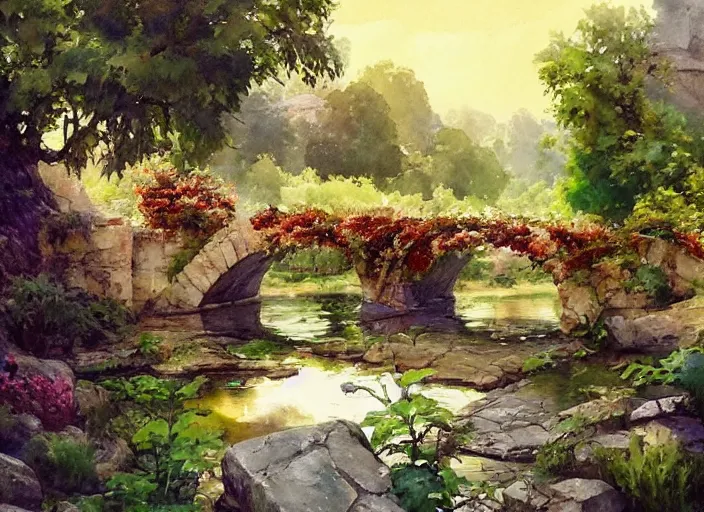 Image similar to watercolor of rustic stone bridge with mural, ivy, summer daylight, bright clear day, clouds, high detailed art by dennis miller bunker, work by anders zorn, wonderful masterpiece by greg rutkowski, beautiful cinematic light, american romanticism by greg manchess, creation by tyler edlin