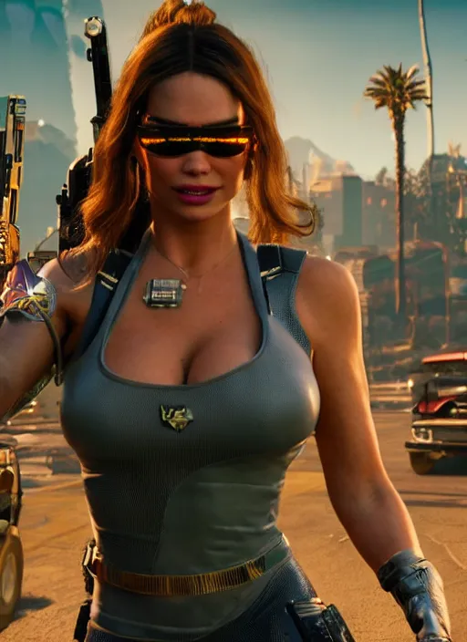 Image similar to film still of Sofia Vergara as Panam Palmer in Cyberpunk 2077, gameplay, 8k, HD