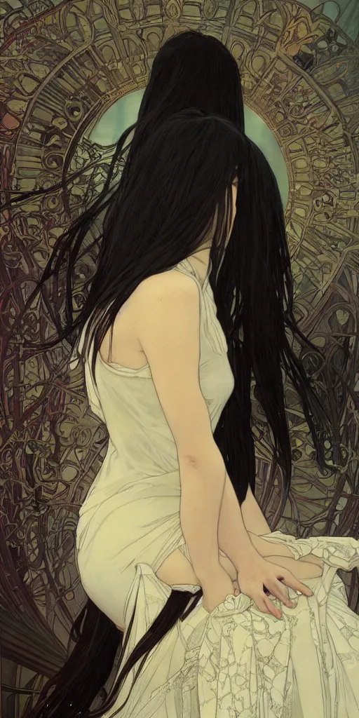 Image similar to a lonely young girl with straight long black hair wearing black dress that sitting on bathroom floor, art by artgem, greg rutkowski and alphonse mucha