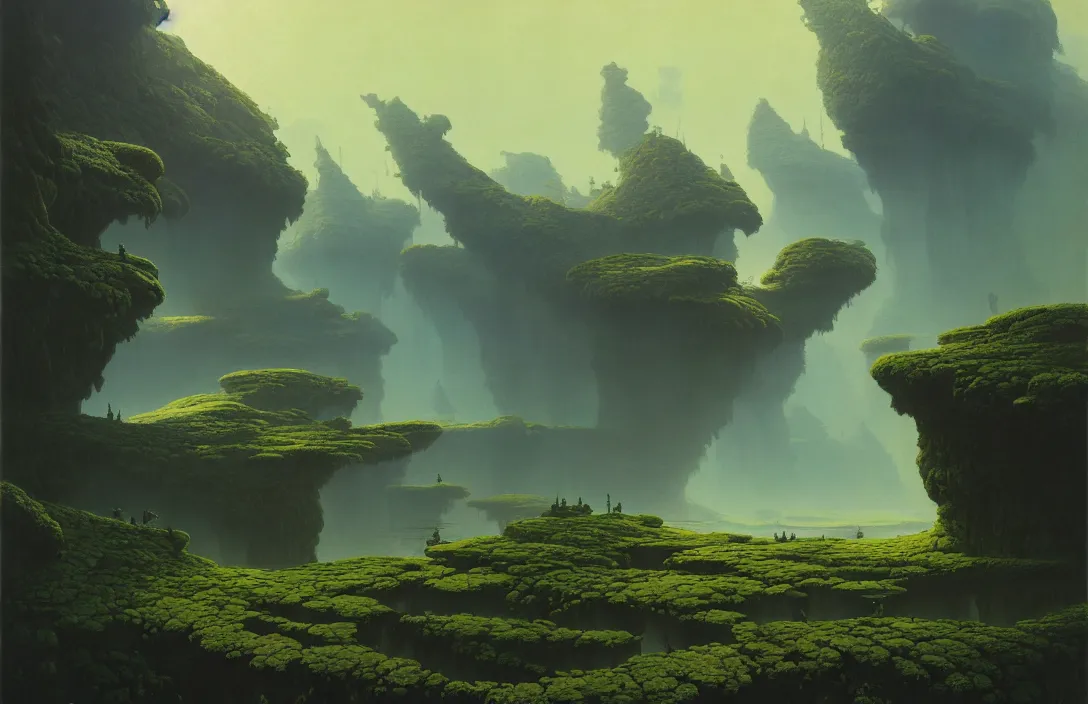 Image similar to line density is used for rendering light and shadow. painting by roger dean once in a lifetime by jan urschel