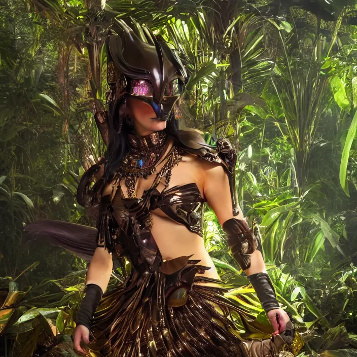 Image similar to mystical evil android queen with obsidian eyes, wearing an elaborate helmet, in a jungle, octane render, 8 k, unreal engine, by todd mcfarlane and artgerm and greg rutkowski and alphonse mucha