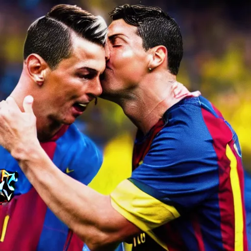 Image similar to christiano ronaldo crying while kissing leo messi's head. high definition. photography. high resolution