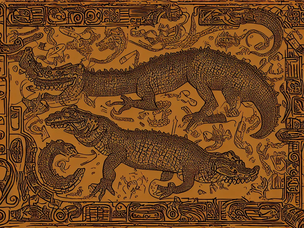 Image similar to pre - columbian mesoamerican book decorative border frame, crocodile illuminations, d & d, fantasy, intricate, elegant, highly detailed, digital painting, artstation, illustration, hearthstone