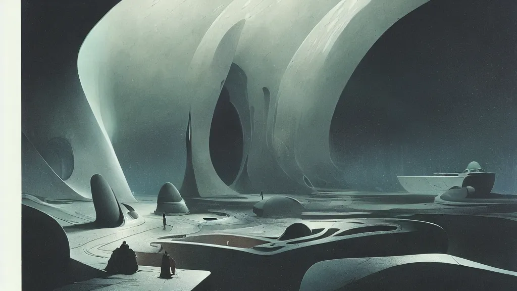 Image similar to otherworldly atmosphere of emissary space by arthur haas and bruce pennington and john schoenherr, cinematic matte painting buildings by zaha hadid and james turrell