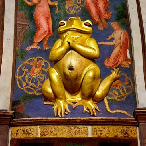 Prompt: people worship a huge statue of a golden frog, frescoes style, religion, bible