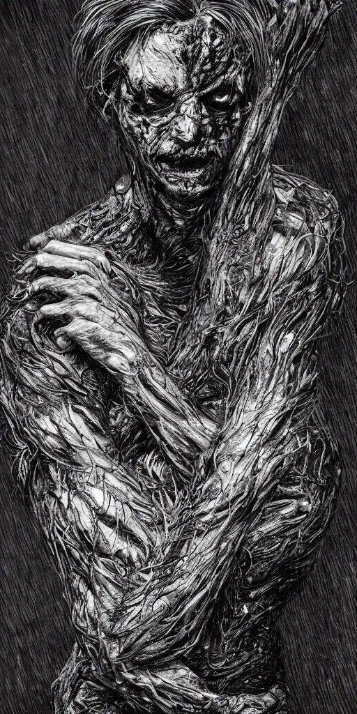 Prompt: concept art of a man with his body covered in burns, with black smoke coming out of his hands, full body, dark colors, sinister atmosphere, dramatic lighting, cinematic, establishing shot, extremely high detail, photo realistic, cinematic lighting, pen and ink, intricate line drawings, by Yoshitaka Amano, Ruan Jia, Kentaro Miura, Artgerm, post processed, concept art, artstation, matte painting, style by eddie mendoza, raphael lacoste, alex ross,