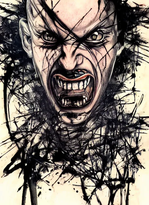 Image similar to a bald man with nails inserted into his two eyes, tattos around eyes, wide evil grin, painting, by greg ruthowski, yoshikata amano, yoji shinkawa, alphonse murac, collaborative artwork, beautifully drawn, heavily detailed