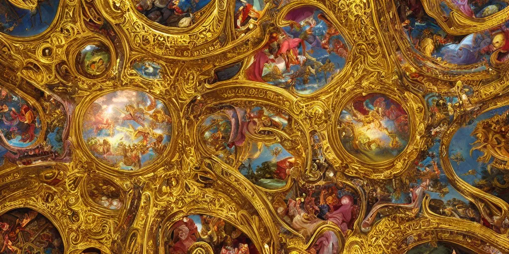 Image similar to beautiful ornate heavenly gold rococo megastructure in the style of heironymus bosch, colorful light intricate masterpiece, hyper detailed, hd