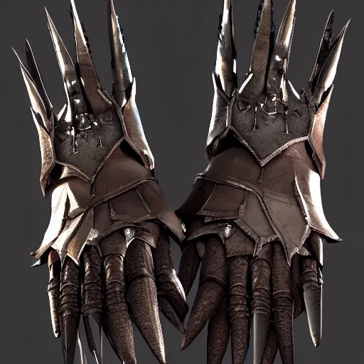 Image similar to metal claws on gloves, weaponized gauntlett, old gloves with attached talons, pointy fingertips, dark background, highly detailed, 8 k, trending on artstation, mystic, rpg artwork, by peter jackson, by sauron