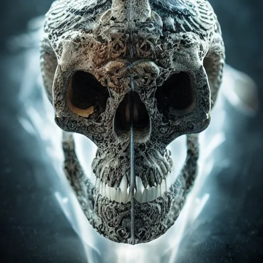 Image similar to realistic photo of a skull of a dragon, intricate, bones, photorealistic, ultra detailed, realistic, 35mm, photography, octane, high definition, depth of field, bokeh, 8k, artstation