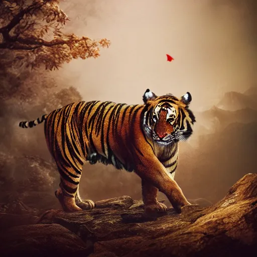 Image similar to The Chinese Zodiac sign of tiger warrior, traditional Chinese textures, hyper detail, Unreal engine,Octane render, by Brooke Shaden