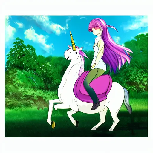 Image similar to a beautiful girl riding a unicorn in the forest. Anime style. Drawing by Miyazaki