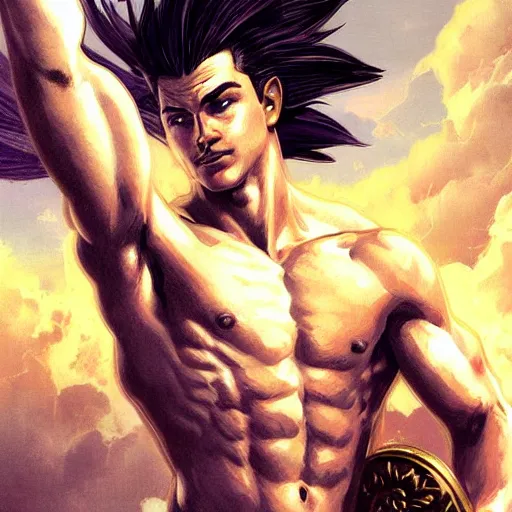 Image similar to sonic the hedgehog as a Greek god, gorgeous, amazing, muscular, fit, very muscular male body, intricate, highly detailed, digital painting, artstation, concept art, sharp focus, illustration, art by greg rutkowski and alphonse mucha