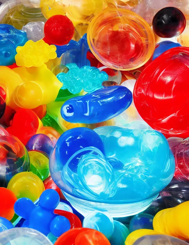 Image similar to a well - lit studio photograph of various plastic toys floating in a bowl of water, some smooth, some wrinkled, some long, various sizes, textures, and transparencies, beautiful, smooth, detailed, inticate